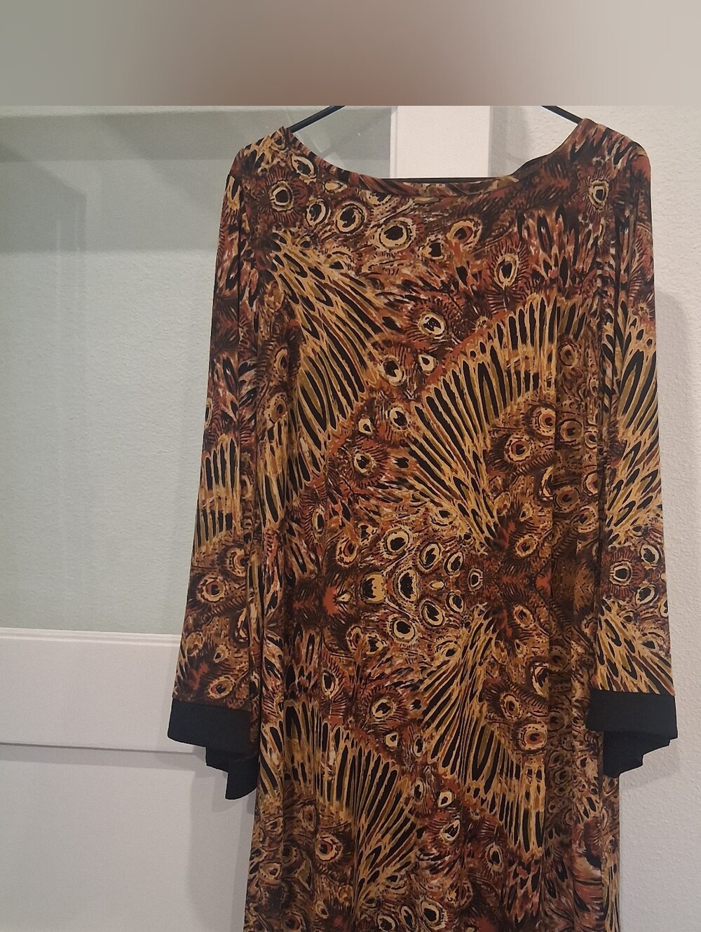 Peacock-Print Brown & Gold Women's Shift Dress